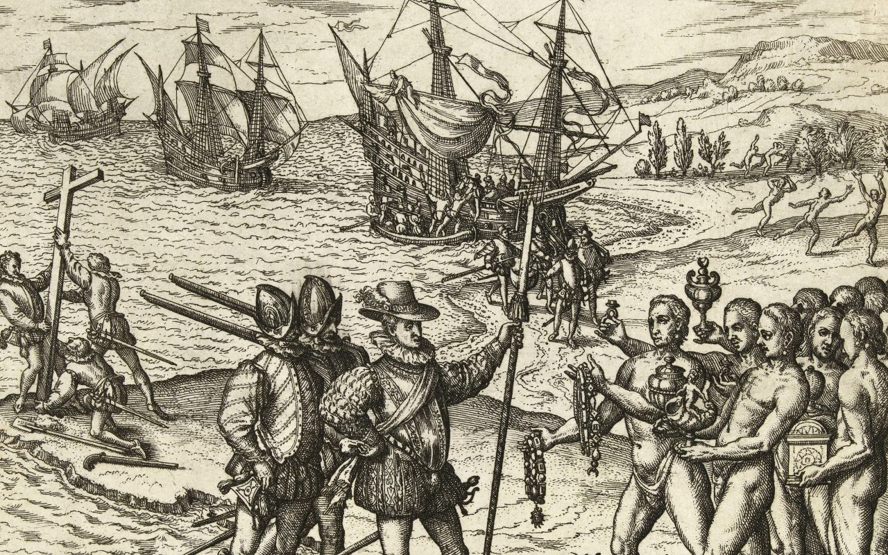 An engraving by Theodor de Bry of Christopher Columbus landing on Hispaniola on Dec. 6, 1492.