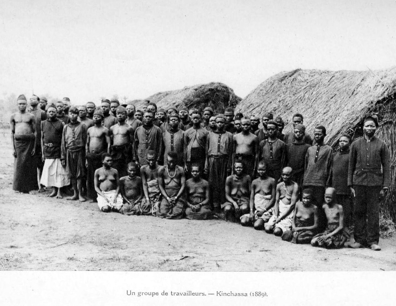 A group of forced laborers in Kinshasa, now the capital of the Democratic Republic of Congo, during Belgian colonization.