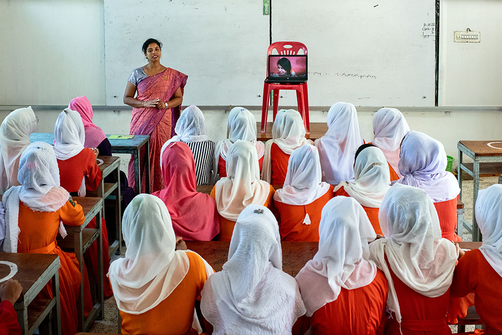 A group of teenage girls in class in Bangladesh