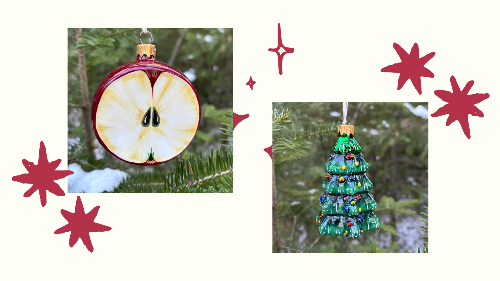 Metal apple and Christmas tree ornaments handmade in Ukraine.