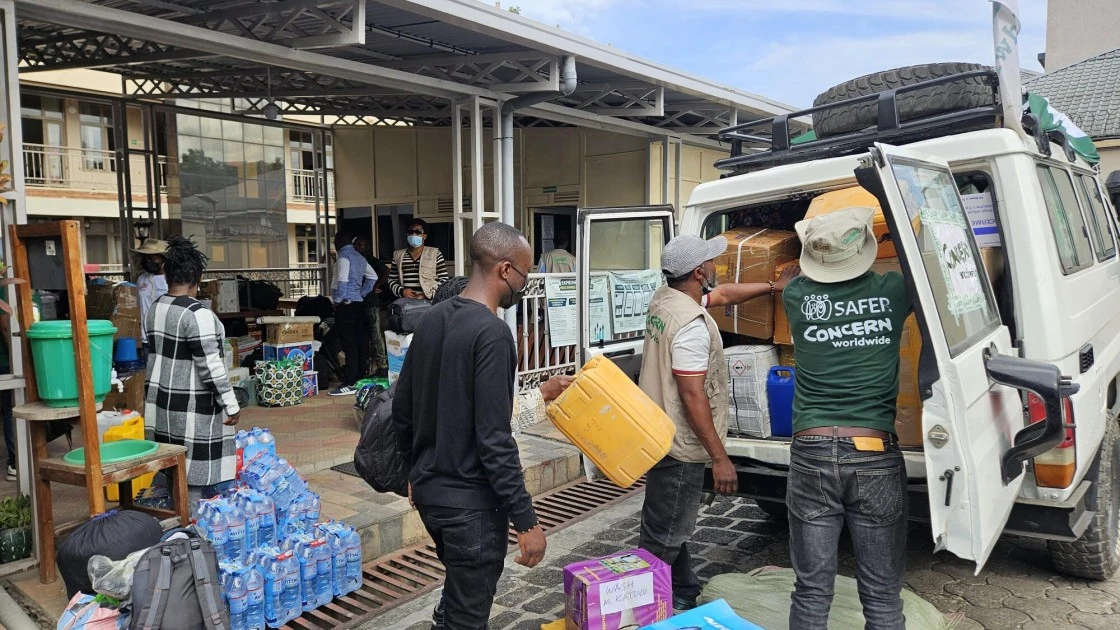 Concern staff load vehicles with equipment and supplies before the teams depart to support targeted communities in North Kivu, Democratic Republic of the Congo. Concern is providing communities with the means to prevent the spread of Ebola. (Photo: Samuel Isenge/ Concern Worldwide)