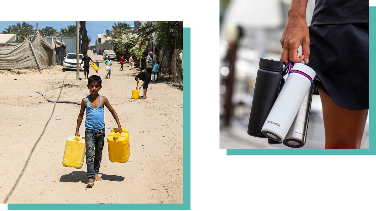 Left: A child carries two jerry cans full of water from a distribution point in Gaza. (Concern Worldwide) Right: A woman holds a set of Bluewater water bottles. (Bluewater Sweden)
