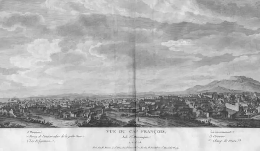 An engraving by Nicolace Ponce of Cap Français (present-day Cap-Haïtien), 1791. Photo: New York Public Library Digital Collections