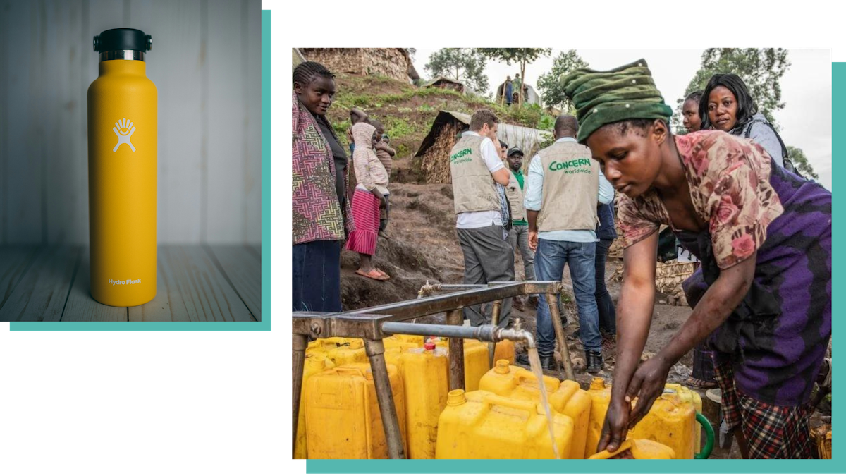 Left: A Hydroflask water bottle (Jamaal Cooks/Unsplash). Right: A Concern-led water distribution at an internal displacement site in Kisoko, DRC (Gabriel Nuru/Concern Worldwide)