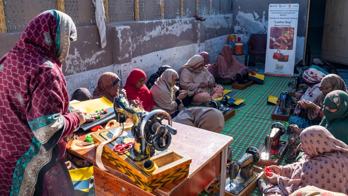 Women in Charsadda, Pakistan, learn how to make leather bags, an artisan craft that can give them a livelihood and potential links to the private sector through the BRAVE Women brand. Photo: Concern Worldwide