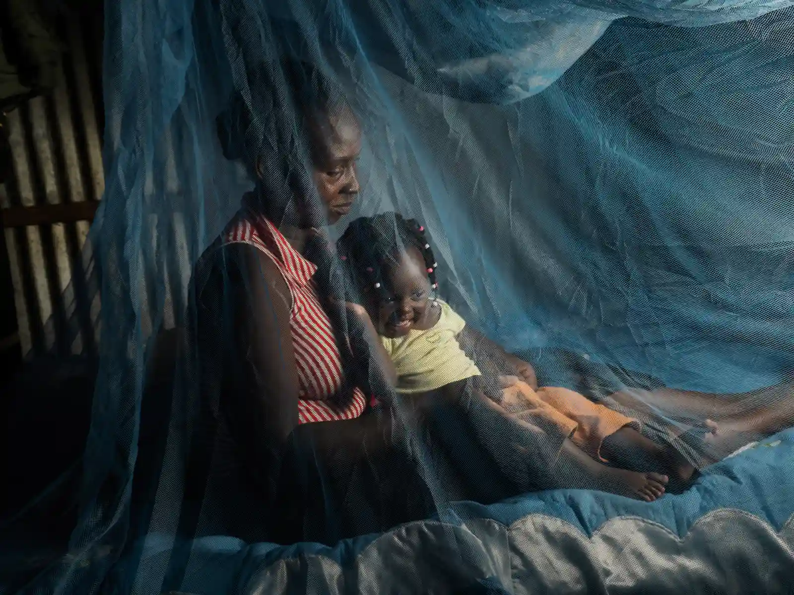Woman and child behind malaria net
