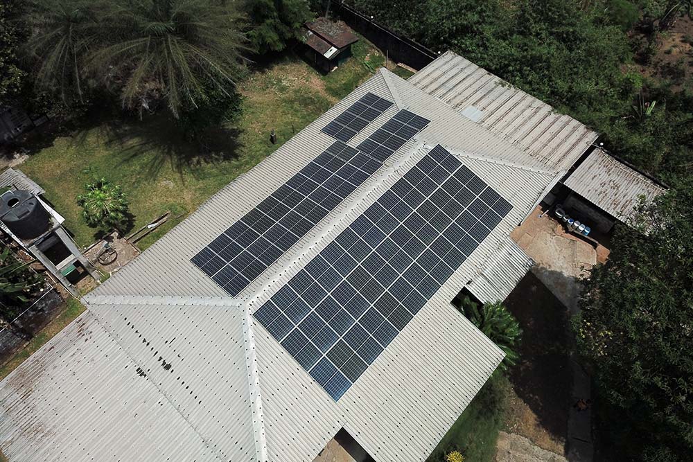 Solar panels on a tin roof