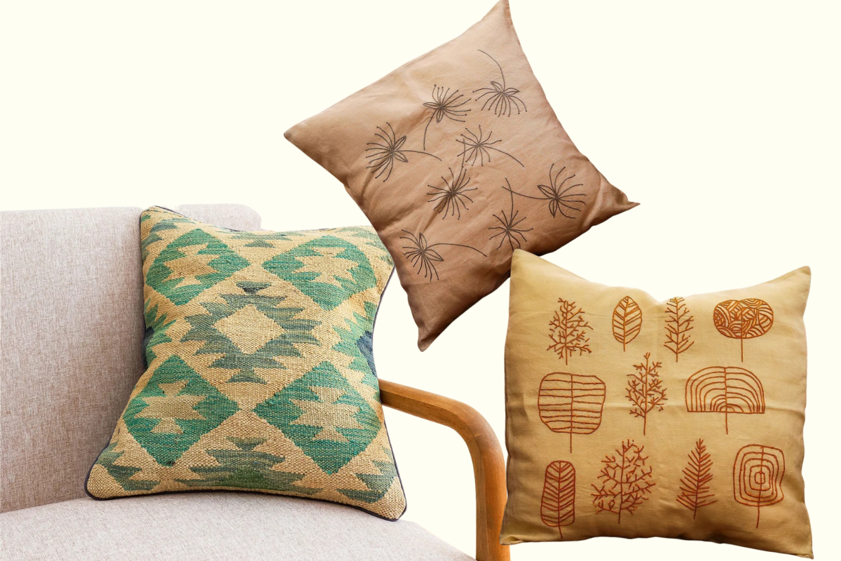 Hand-woven Afghan cushion cover and hand-embroidered Malawian pillow covers, available via Mission Market by Concern Worldwide