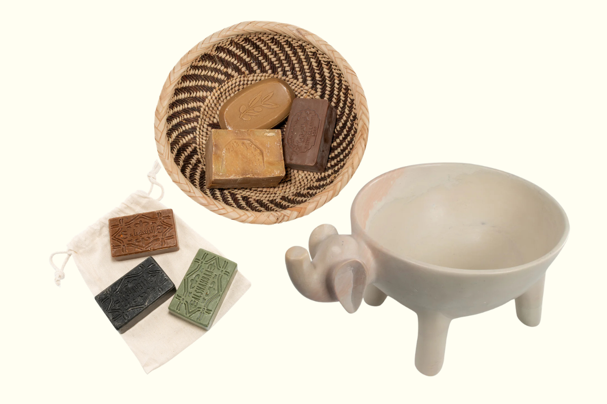 Aleppo soap sets pictured with the footed elephant bowl at Mission Market by Concern Worldwide.