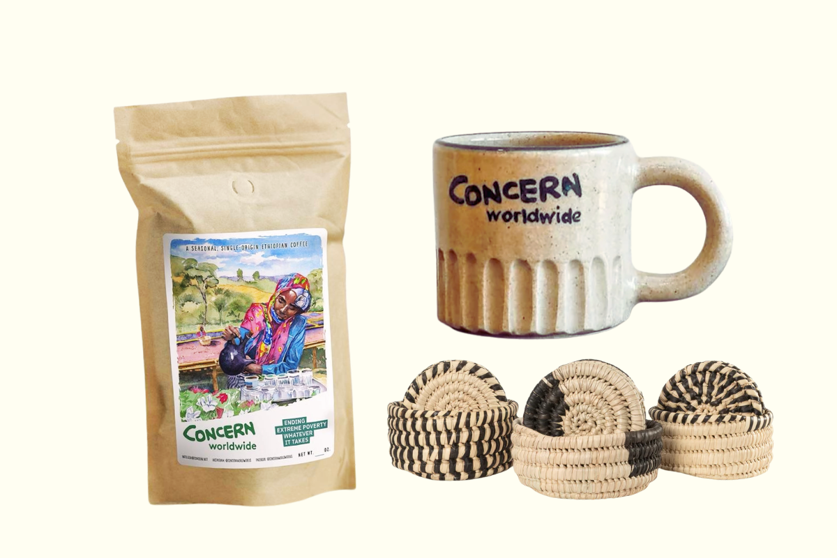 Pictured: Luna Coffee's Concern blend, the Concern Worldwide mug, and woven Kenyan coaster set, available via Mission Market by Concern Worldwide