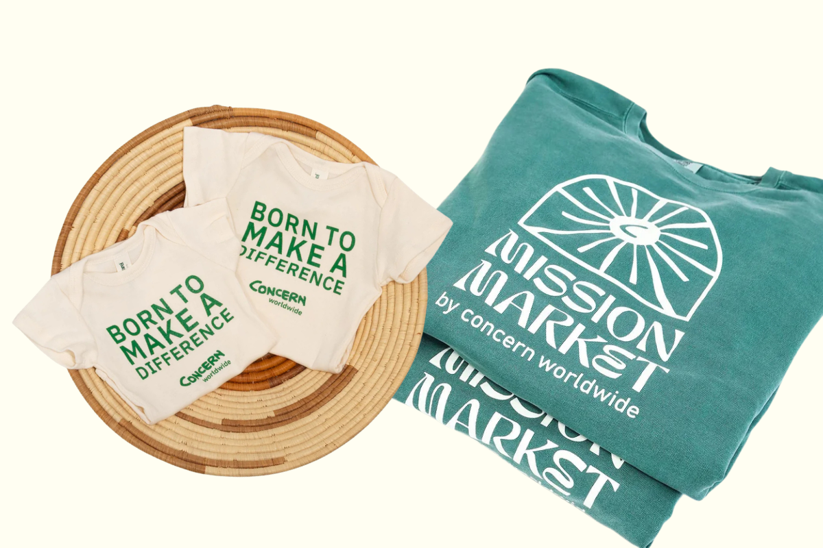 Concern onesies and Mission Market sweatshirts, both available via Mission Market by Concern Worldwide
