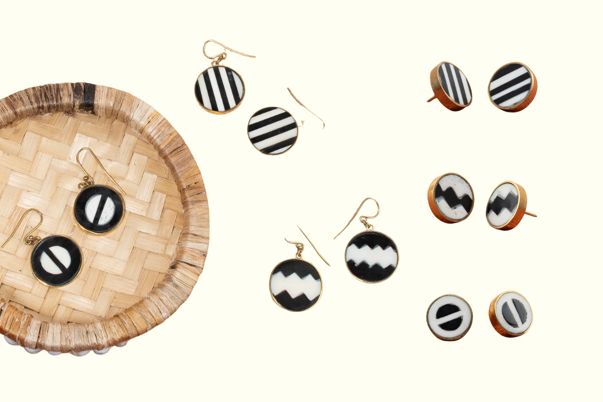 Swahili architecture earrings in black, white, and brass, handmade in Kenya.