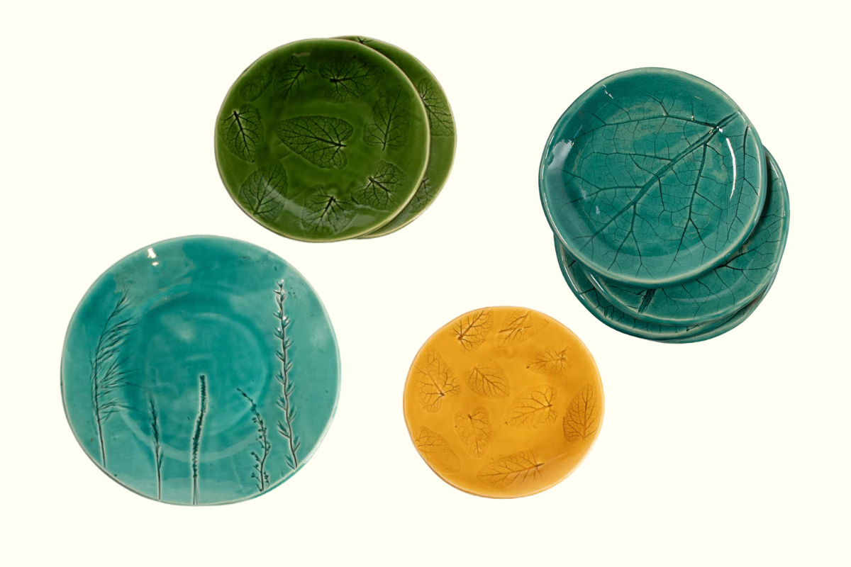Handmade Ukrainian ceramic dishes, glazed with flora imprints, available via Mission Market by Concern Worldwide