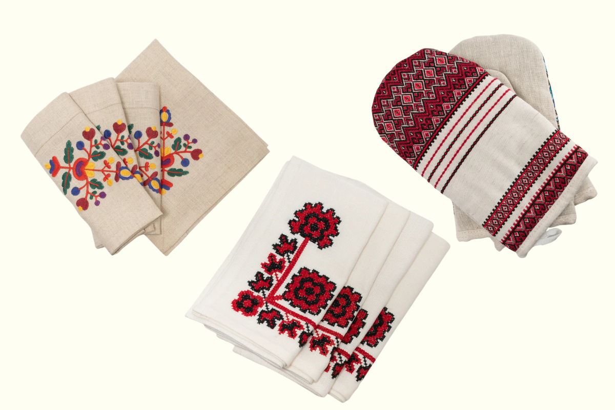 Ukrainian-embroidered napkins and oven mitts, handmade in Ukraine, available via Mission Market by Concern Worldwide