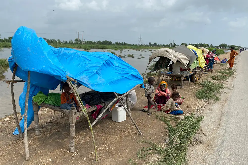 Makeshift shelters on a roadside after the 2022 floods in Pakistan