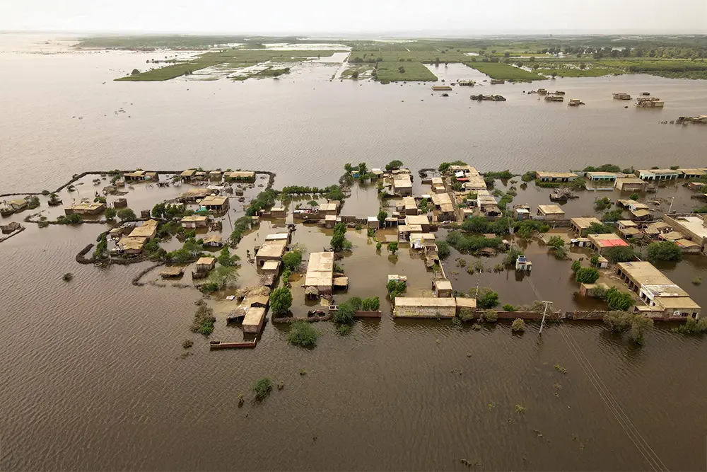 Buildings surrounded by floodwaters in Sindh, Pakistan