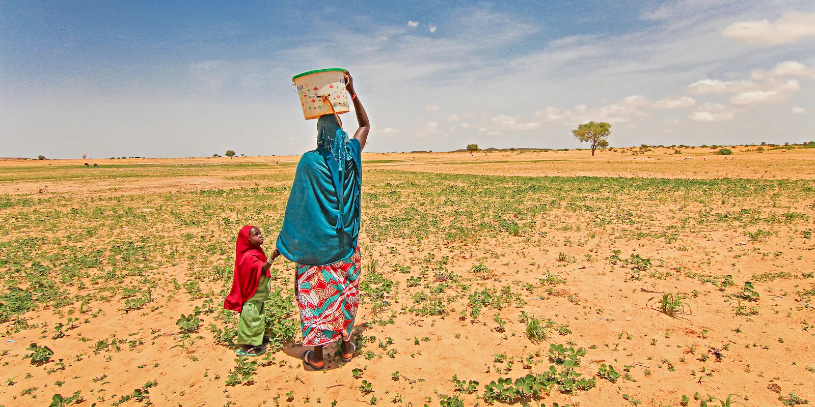 A Nigerien woman and her daughter walk to fetch water