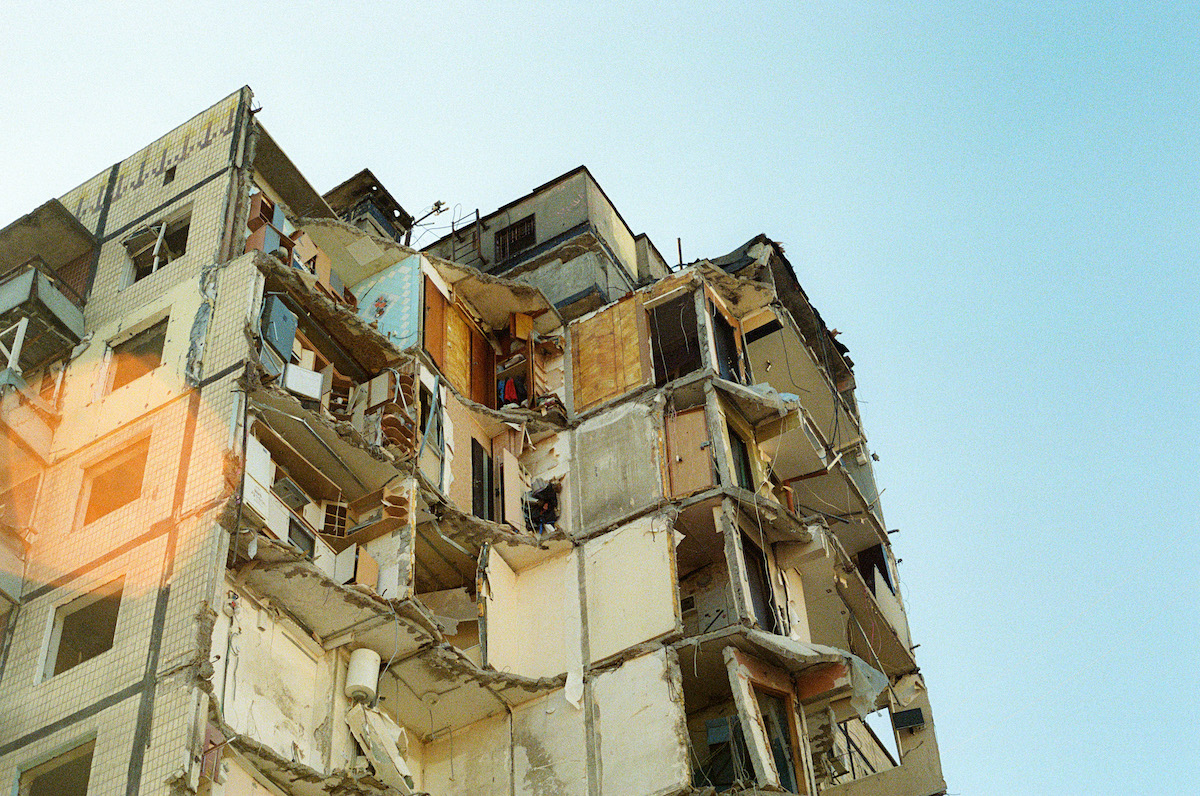 The apartment block of 118 Victory Embankment, Dnipro, Ukraine. On January 14, 2023, the apartment building was damaged, the most significant on a residential building in Ukraine in six months. (Photo: Olivia Giovetti/Concern Worldwide)