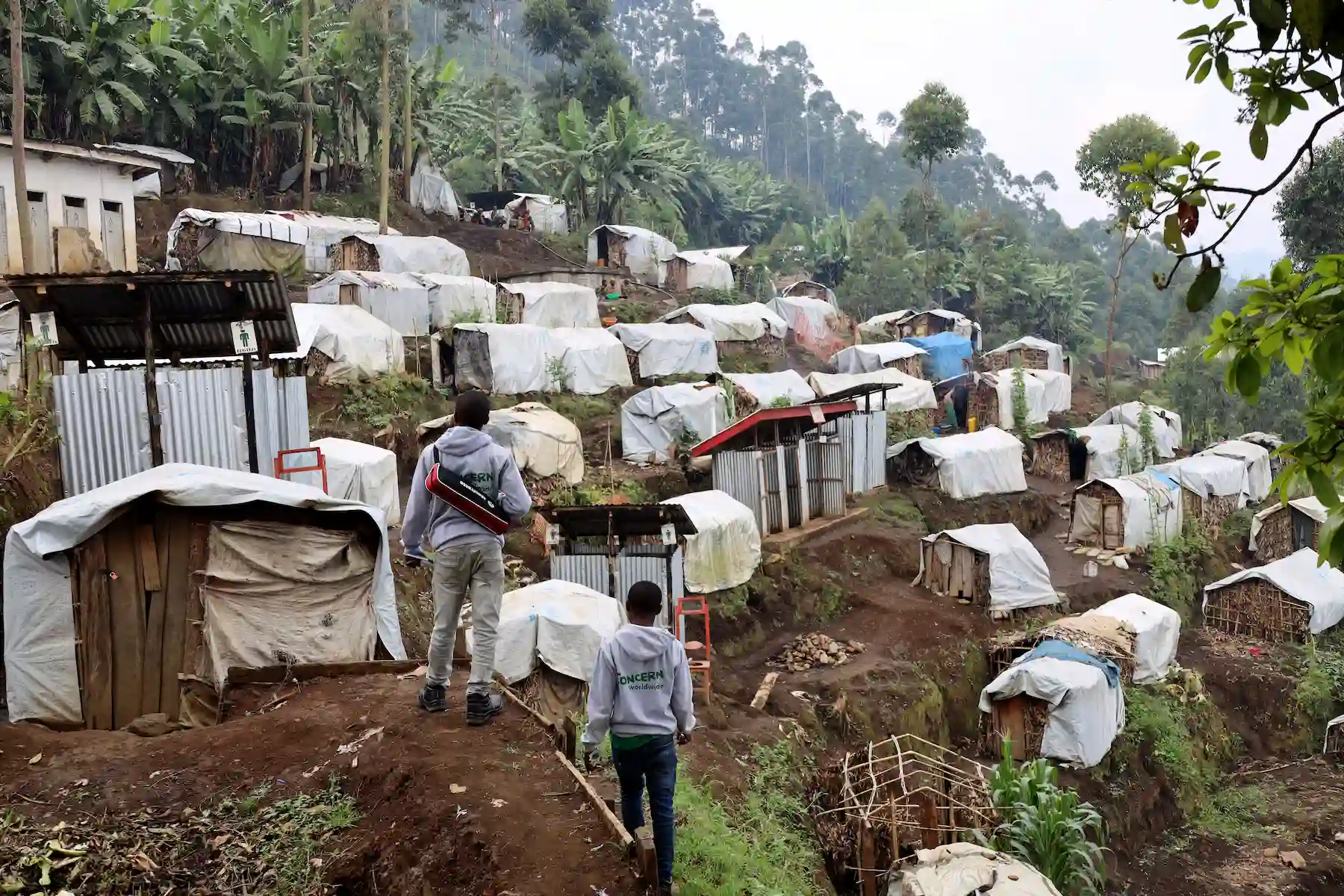 Small shelters for displaced families on a hillside in eastern DRC