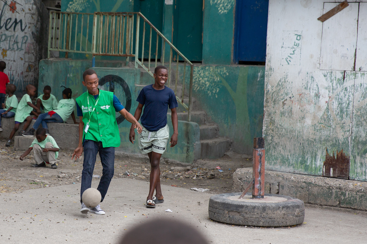 Young people taking part in activities run by Sakala, a local partner of Concern Worldwide in Port-au-Prince, Haiti. They provide a safe space for children and teenagers to engage in normal activities, away from the dangers of gang activity. (Photo: Kieran McConville/Concern Worldwide)