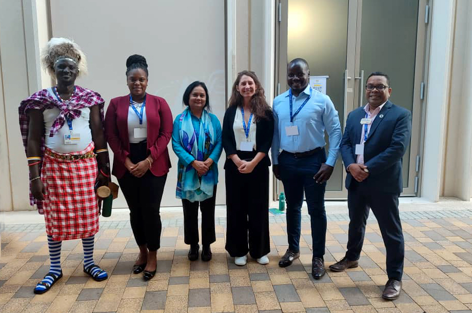 Concern’s delegation at COP28 in Dubai (2023): Charles Ekalale, Senior Livelihoods Officer, Concern Kenya, Maranatha Dinat, Technical Programme Coordinator, Concern Haiti, Afsari Begum, Programme Manager, Concern Bangladesh, Michelle O’Dea, Desk Officer for Malawi and South Sudan, Jackson Mekenye, Livelihoods Coordinator, Concern Kenya and Jyotiraj Patra, Programme Director, Concern Bangladesh in Dubai on December 8, 2023. (Photo: Concern Worldwide)