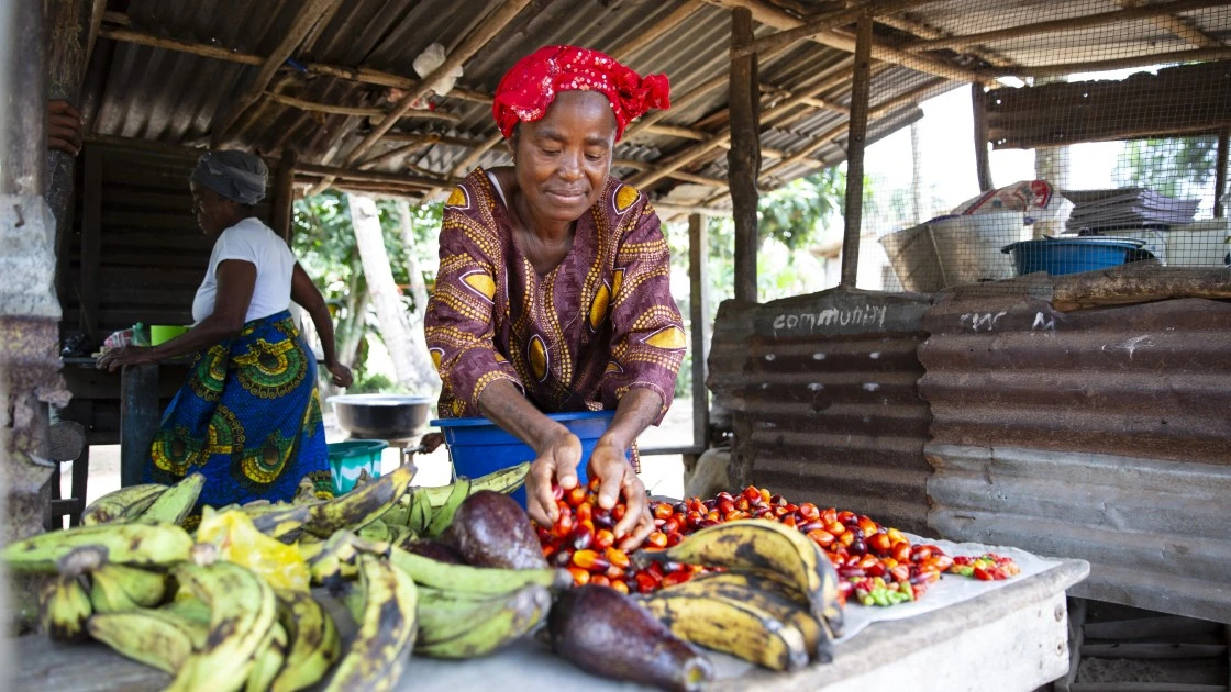Favor B Tarr, with some of the produce from her vegetable farm at Kaytor Town, Grand Bassa, Liberia. Photo: Kieran McConville/Concern Worldwide
