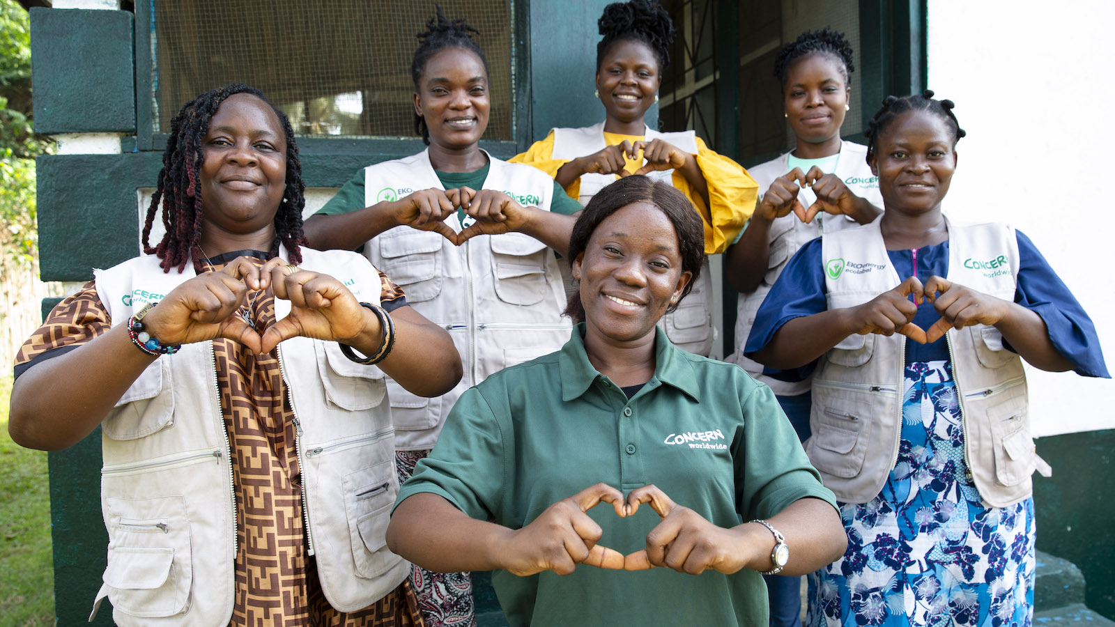 Concern Liberia team members Etmaralyn, Macee, WQueta, Antoinette, Susan, and Pandora at Concern's programme office in Buchanan. Photo: Kieran McConville/Concern Worldwide