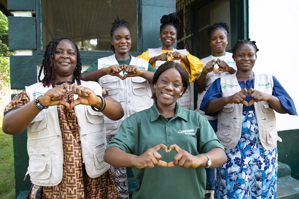 Concern Liberia team members Etmaralyn, Macee, WQueta, Antoinette, Susan, and Pandora at Concern's program office in Buchanan. (Photo: Kieran McConville/Concern Worldwide)