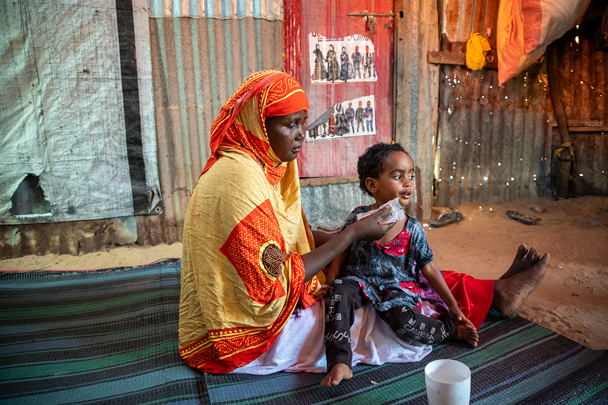 Calaso* (37) is a mother of five children. Calaso and her family moved to the refugee camp due to recurring droughts. She brought her child to the MCH (Maternal & Baby Health Center) in Siinkadheer after her child became malnourished. (Photo: Mustafa Saeed/Concern Worldwide)