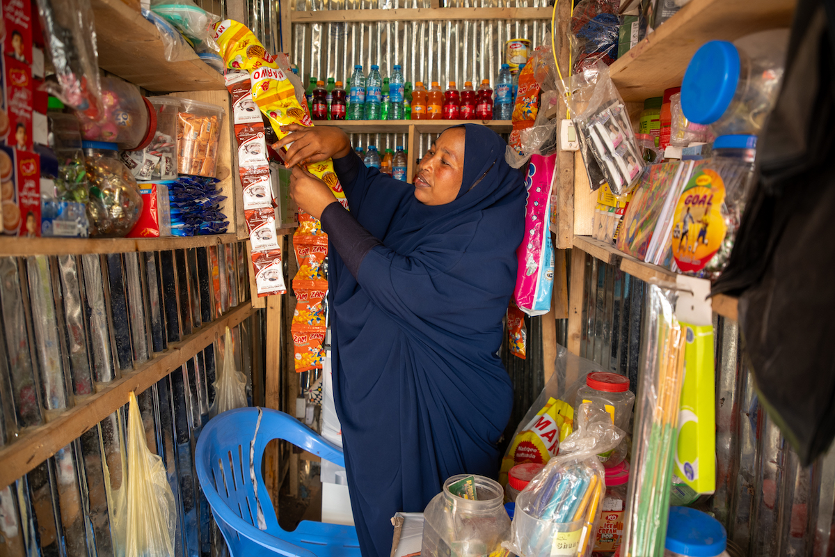 Nuurto* (34) is a mother of five children and a shop owner in Karan district. She sells various types of processed foods and household necessities. (Photo: Mustafa Saeed/Concern Worldwide)
