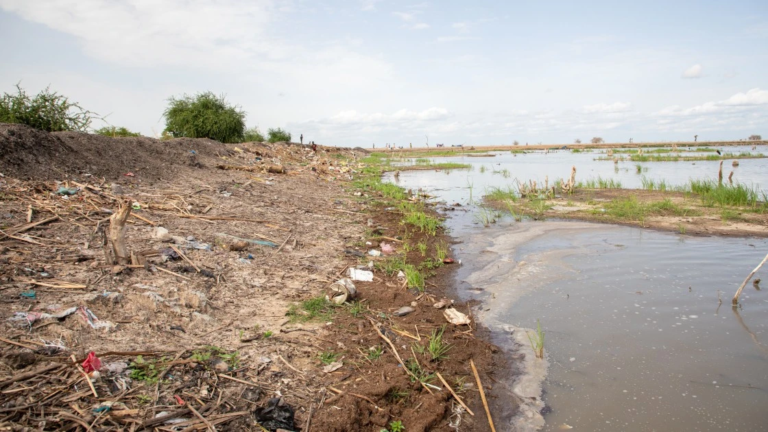 A section of contaminated water that has not receded as a result of the 2021 floods in South Sudan. (Photo: Eugene Ikua/Concern Worldwide)