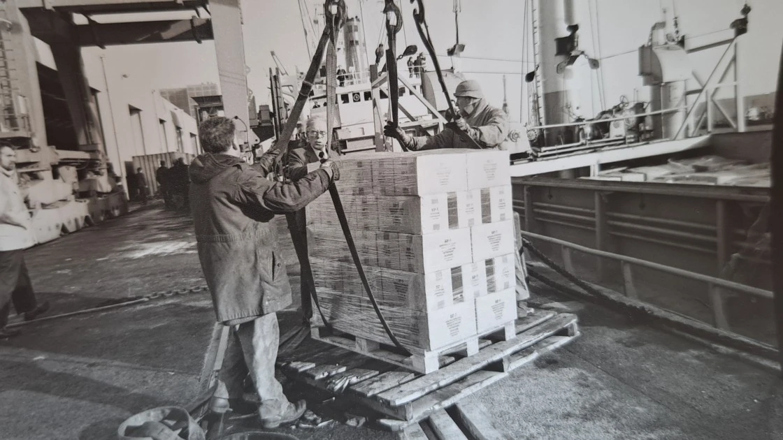 The “Svea Atlantic,” chartered by Concern to bring 2,200 tons of famine relief to Ethiopia in 1990. After leaving from Dublin port on 19 January, 1990, the ship was attacked and boarded in Massawa, Eritrea on 12 February and released the following week without its cargo. (Photo: Concern Worldwide)