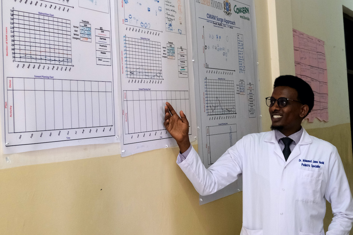 Dr. Muhammad Dek Jama points to the Surge data at Banadir Hospital. (Photo: Hugh Golden/Concern Worldwide)