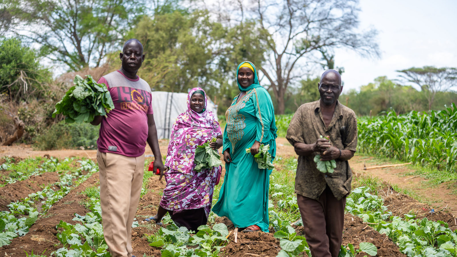 Aziza Fumo Satu is the chairlady of the Ghamano Farming Group and was born and raised in Wodesa. She is a mother of six and has learned to use family MUAC to monitor her children’s health, while farming maize, spinach, and green grams with her group. She is pictured with other members of Ghamano that include Zubeir (L), Halima (in green) and Suleiman (R). Photo: Eugene Ikua/Concern Worldwide