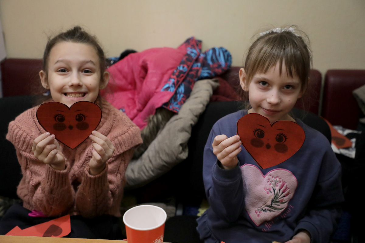 Natalia* (8) and Sofia* (7) attend a children's PSS play therapy session in Kharkiv. Photo: Jon Hozier-Byrne/Concern Worldwide