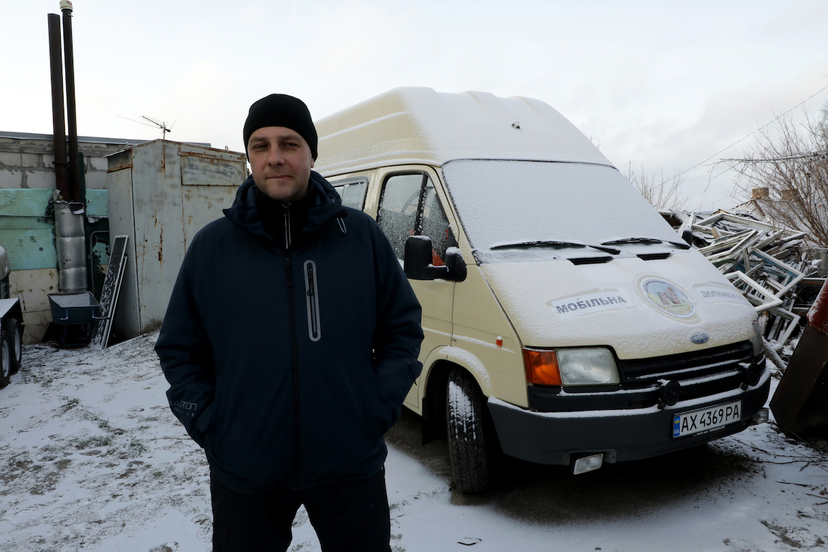 Volodymyr Zelenskyi (42) provides an evacuation service, using a cash transfer from the Joint Emergency Response in Ukraine (JERU,) of which Concern is a member. He refurbished an old van into an ambulance, with which he and his team evacuate elderly or vulnerable people living on the frontlines who could not leave their homes in time. Photo: Jon Hozier-Byrne/Concern Worldwide