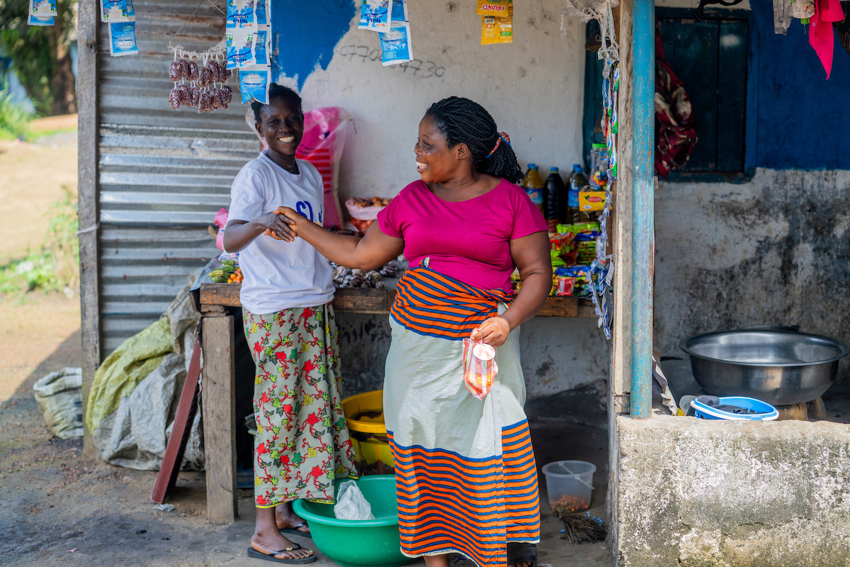 After years of struggling to support her family through selling fish and charcoal, Emma Johnson began saving through her local CSLA and took a small loan to open her own shop. The business is already busy, and Emma says it has brought stability and pride back into her home.