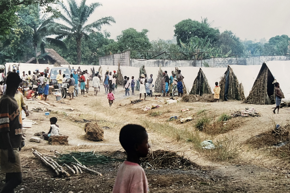 An internal displacement camp in Sierra Leone during the country's civil war, circa 1996.
