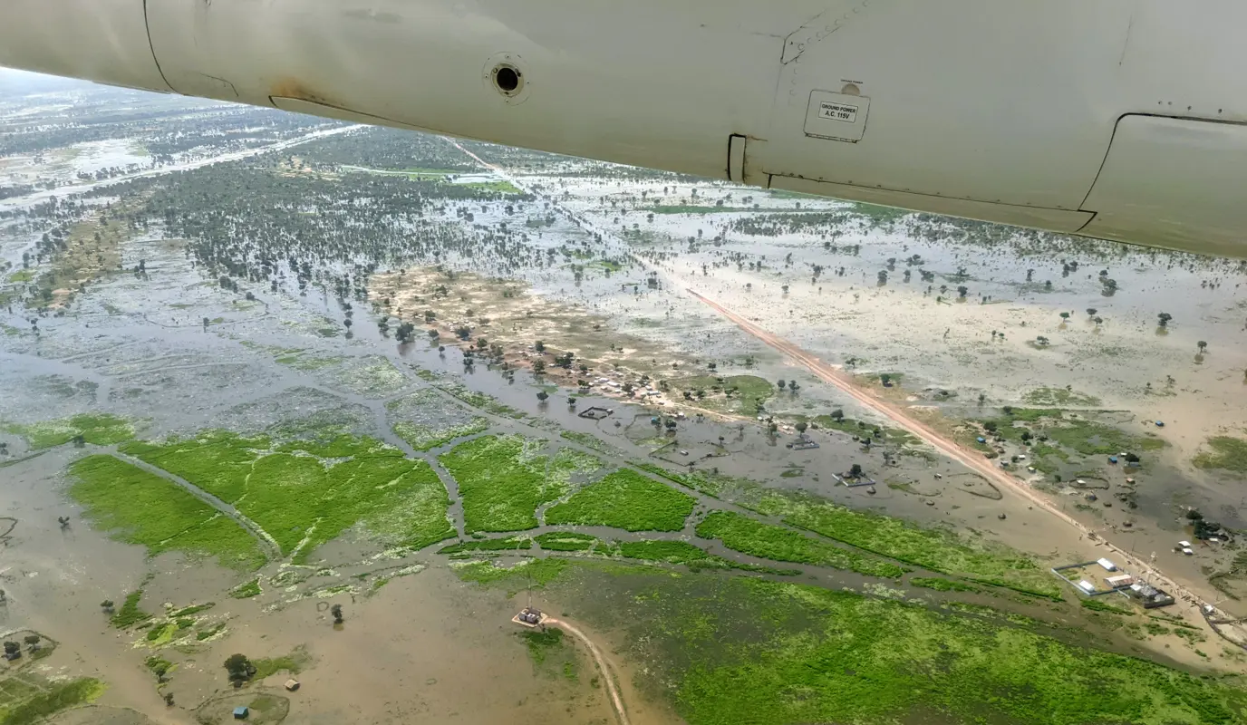 An overhead view of the 2021 floods in South Sudan, the worst the country has faced since 1962.