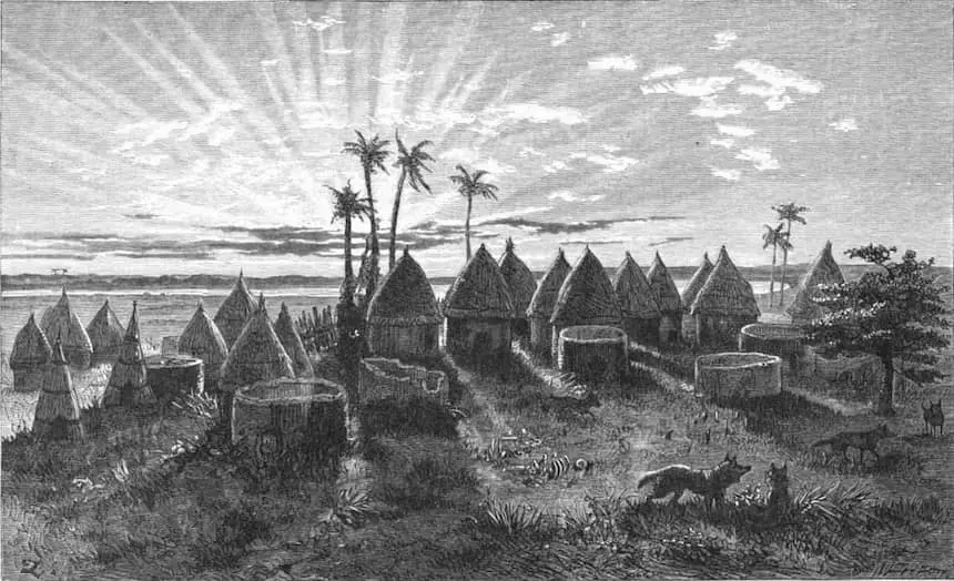 Drawing of a deserted Shillukh village in 1862 in present-day South Sudan.