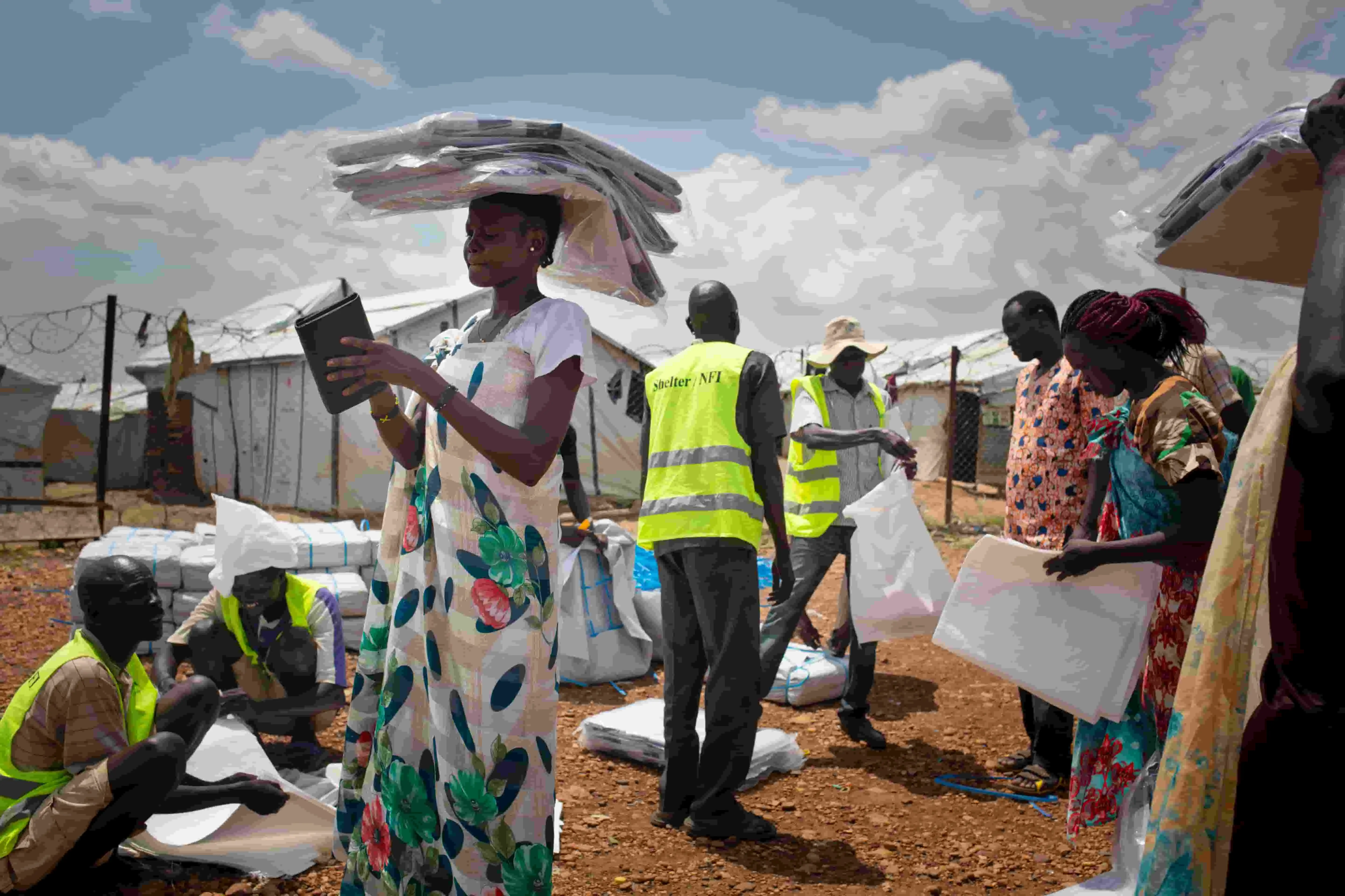 A humanitarian aid distribution at a POC site in South Sudan.