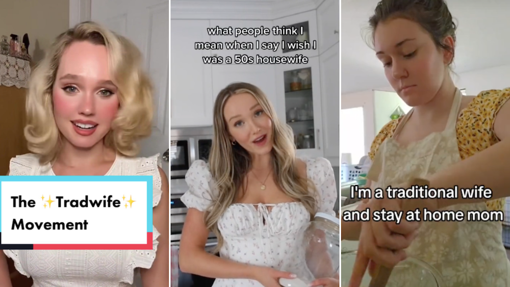 Examples of #tradwife influencers. From left to right:@esteecwilliams, @gwenthemilkmaid, and @mckennamotley (Screenshots via TikTok)