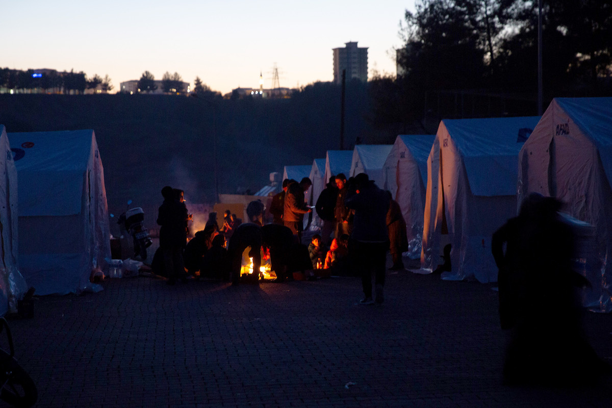 Traumatized and newly homeless residents in the Turkish city of Adiyaman, where most of the city center was destroyed by a powerful earthquake on February 6th 2023. Temperatures at night are below freezing and there are few facilities. (Photo: Kieran McConville/Concern Worldwide)