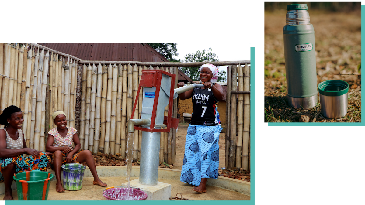 Right: A Stanley cup (Mitchell Orr/Unsplash). Left: Retta Bryant collects water from a pump installed by Concern Worldwide in Garward Town (Josephine Drobia/Concern Worldwide).