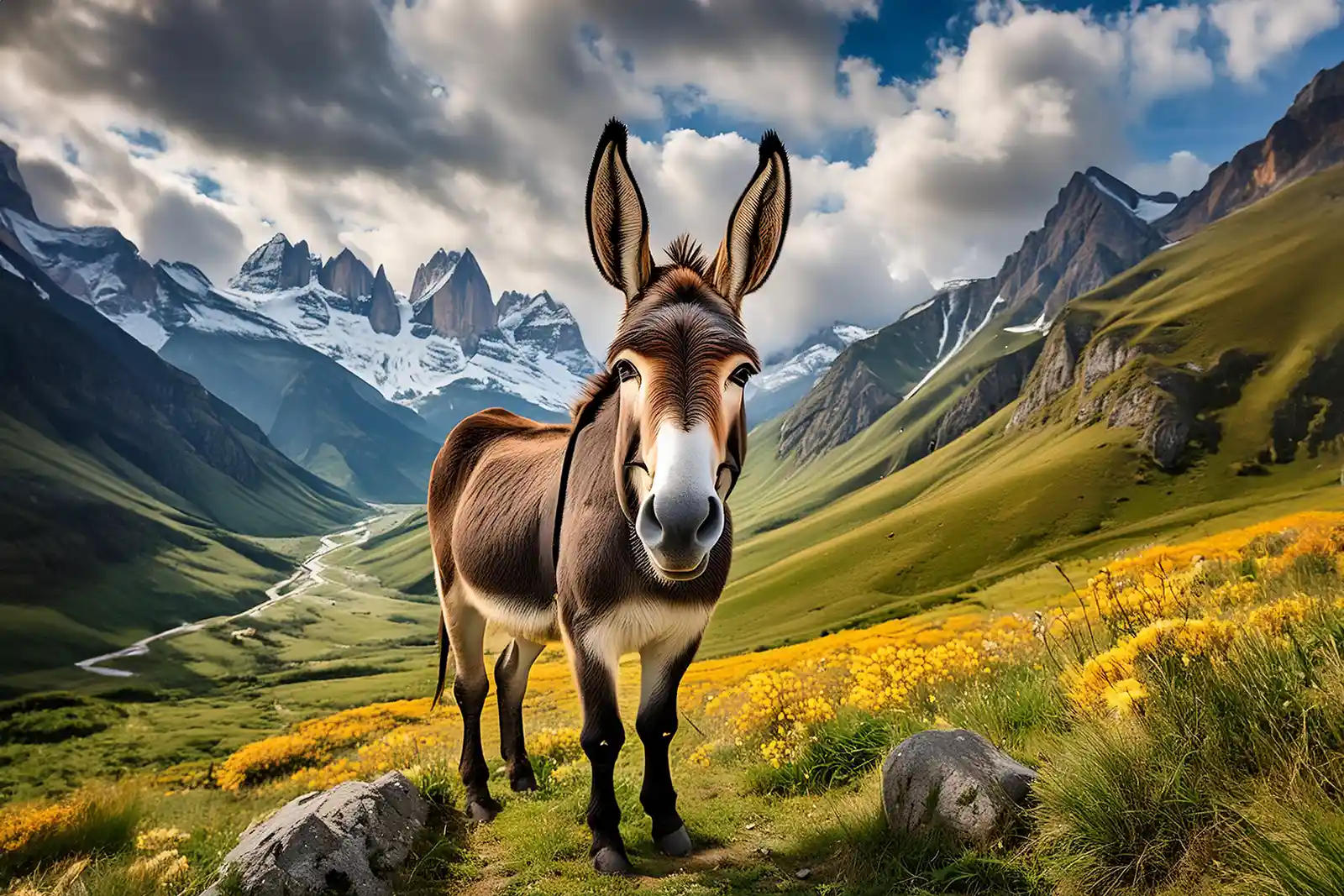 An AI generated image of a donkey in a mountainous region