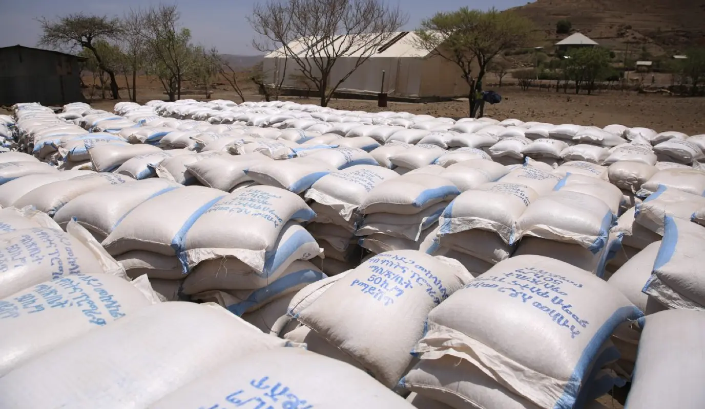 Food aid awaiting distribution at a government depot in Ethiopia