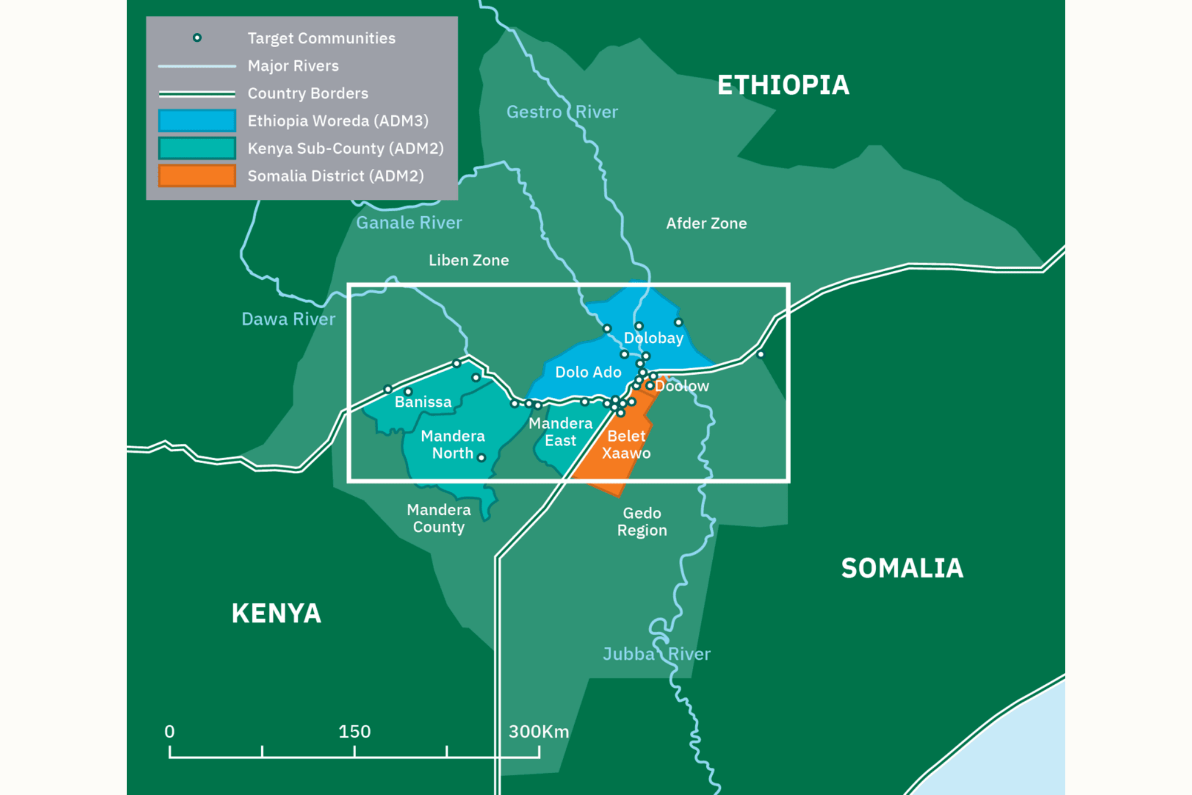 A map of the Mandera Triangle (where Ethiopia, Kenya, and Somalia meet) showing where Concern's Hanaano program is operating. Points show participating communities and the area is color-coded to signify Ethiopia (blue), Kenya (green), and Somalia (orange).