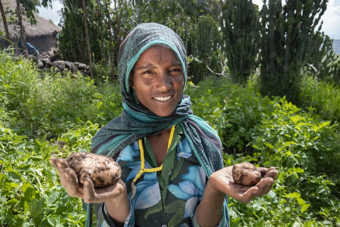 An Ethiopian woman in her garden holding potatoes