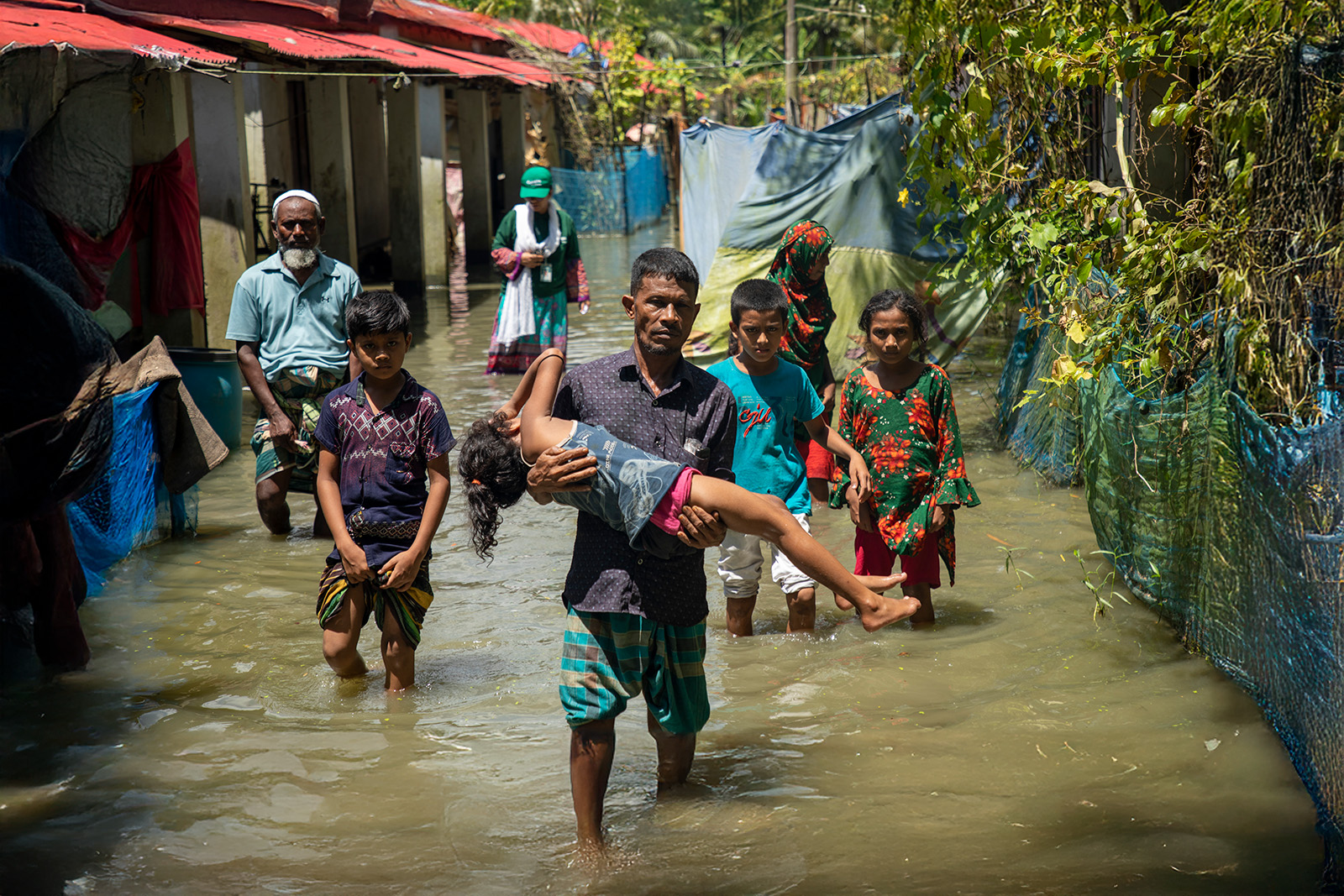 A group of people in a flooded area in South Sudan