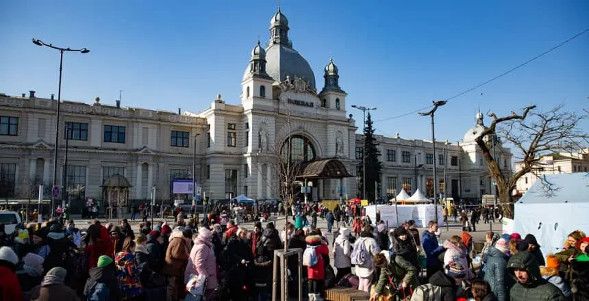 Tens of thousands of people evacuating through the train station at Lviv in Ukraine